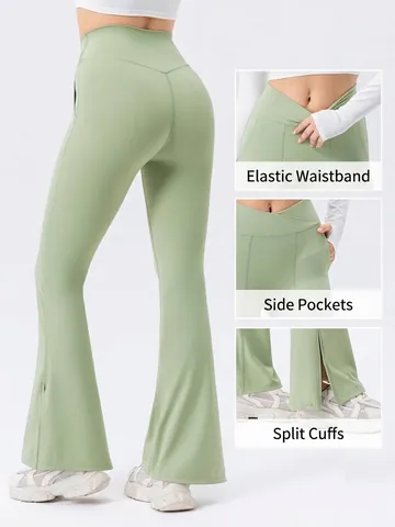 Women Crossover High Waist Flare Yoga Pants With Pockets Tummy Control Split Hem Breathable Athletic Fitness Gym Leggings