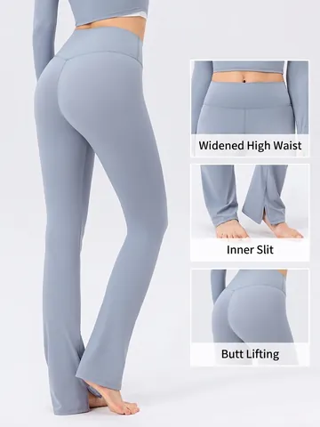 Women High Waist Flared Yoga Pants Tummy Control Butt Lifting Slim Fit Slit Hem Nude Feeling Sport Leggings Workout Trousers