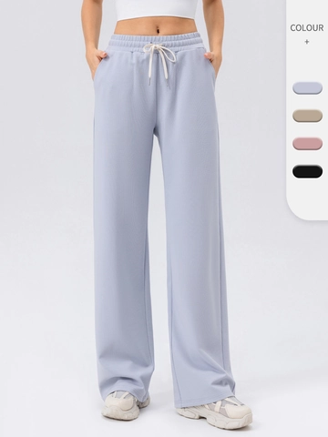 Women High Waist Wide Leg Sweatpants Loose Sporty Casual Drawstring Trousers Cotton Blend Waffle Texture Joggers For Running