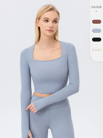 Women's Slim Fit Yoga T-Shirt Long Sleeve Square Neck Crop Top With Thumbholes Naked Feel Sports Gym Workout Wear