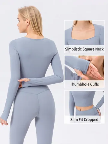 Women's Slim Fit Yoga T-Shirt Long Sleeve Square Neck Crop Top With Thumbholes Naked Feel Sports Gym Workout Wear