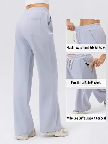 Women High Waist Wide Leg Sweatpants Loose Sporty Casual Drawstring Trousers Cotton Blend Waffle Texture Joggers For Running
