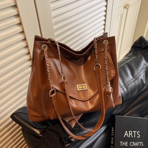 Dames Grote Capaciteit PU Leer Tote Bag Mode Ketting Schoudertas Casual Retro Woon-werkverkeer Lock Messenger Bag
