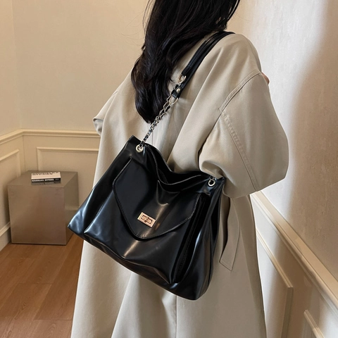 Dames Grote Capaciteit PU Leer Tote Bag Mode Ketting Schoudertas Casual Retro Woon-werkverkeer Lock Messenger Bag