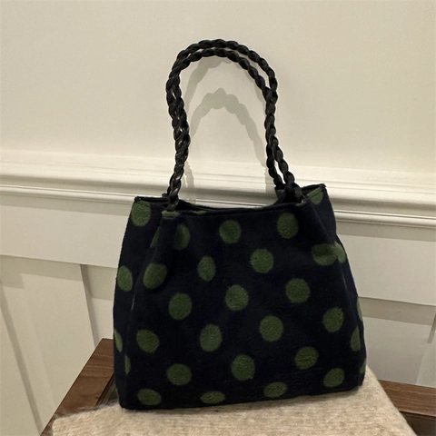 Sac Fourre-tout en Laine Grande Capacité pour Femmes Sac à Épaule en PU Minimaliste à Pois Sac à Main Décontracté avec Poignées Tressées
