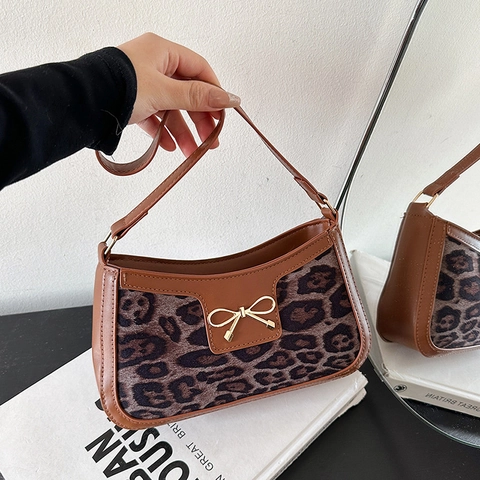 Women Leopard Print Underarm Shoulder Bag Vintage Faux Leather Splicing Bow Decoration Fashion Commuting Handbag Accessory