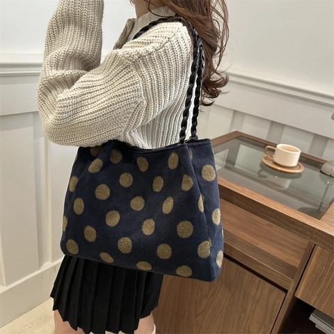 Sac Fourre-tout en Laine Grande Capacité pour Femmes Sac à Épaule en PU Minimaliste à Pois Sac à Main Décontracté avec Poignées Tressées