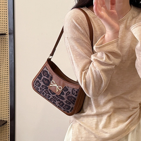 Women Leopard Print Underarm Shoulder Bag Vintage Faux Leather Splicing Bow Decoration Fashion Commuting Handbag Accessory