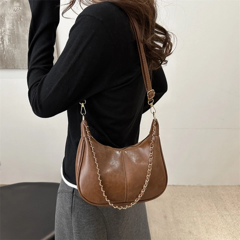 Women's Retro Half Moon Hobo Bag Minimalist Nylon Shoulder Bag With Golden Chain Decor Solid Color Underarm Bag For Daily Commute