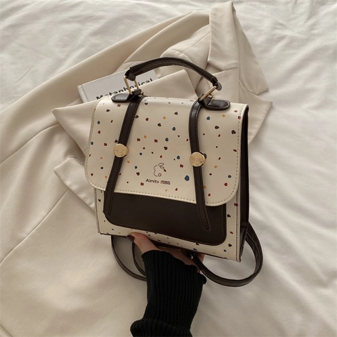 Mode Polka Dot Kontrastfarbe Damen PU Leder Rucksack Vintage Hase Druck Große Kapazität Preppy Stil Schultasche