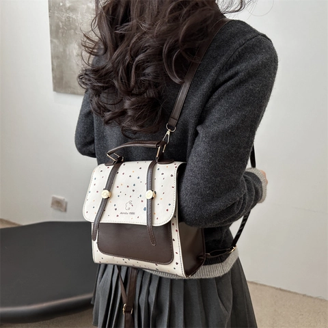 Mode Polka Dot Kontrastfarbe Damen PU Leder Rucksack Vintage Hase Druck Große Kapazität Preppy Stil Schultasche