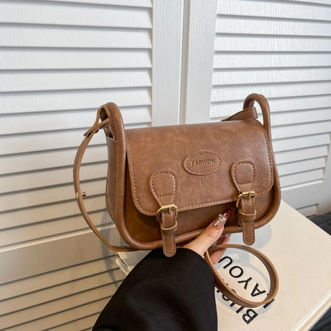 Vintage Women PU Leather Saddle Bag Solid Color Small Crossbody Shoulder Bag With Stitching Detail For Work Daily Use