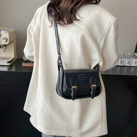 Vintage Women PU Leather Saddle Bag Solid Color Small Crossbody Shoulder Bag With Stitching Detail For Work Daily Use