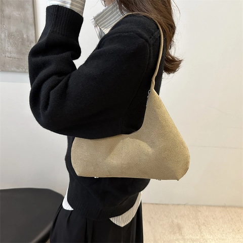 Bolso de Hombro Vintage de Gran Capacidad de PU con Efecto Ante Para Mujer Costuras Minimalistas Color Sólido Bolso Informal Para Viajar