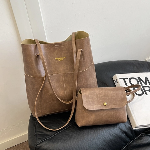 Borsa Tote da Donna in Pelle PU Vintage Set da 2 Pezzi Grande Capacità Borsa a Tracolla Urbana Semplice Con Piccola Pochette