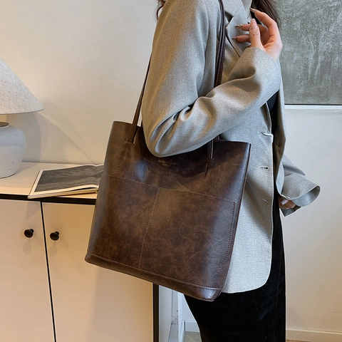 Borsa Tote da Donna in Pelle PU Vintage Set da 2 Pezzi Grande Capacità Borsa a Tracolla Urbana Semplice Con Piccola Pochette