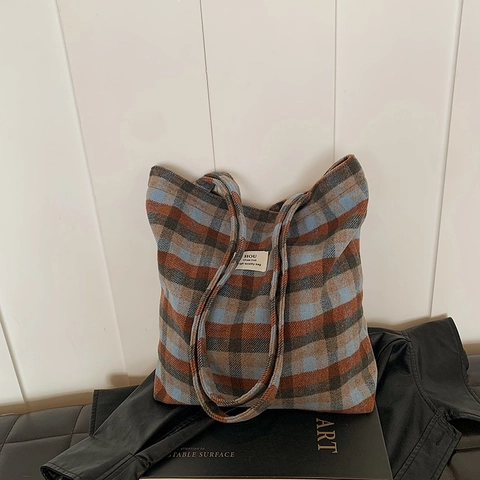 Retro Wollstoff Kariert Tote Bag Für Damen Große Kapazität Schultertasche Mit Süßem Wolkenanhänger Student Freizeit Handtasche