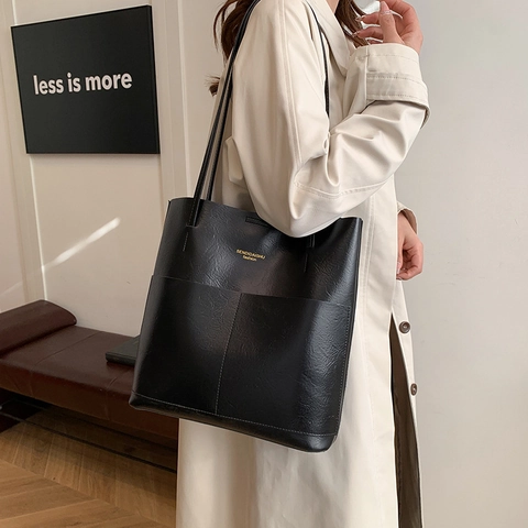 Sac Fourre-tout Femme Minimaliste Grande Capacité Cuir PU Et Petit Sac Vintage Cuir Cire d'Huile Sac à Épaule Mode Sous le Bras