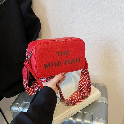 Fashion Women PU Leather Mini Camera Crossbody Bag With Geometric Wide Strap Letter Print Urban Casual Shoulder Messenger Bag