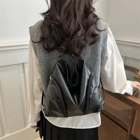 Damen Vintage PU Leder Shopper Große Kapazität Urban Schlichte Schultertasche Mit Doppelreißverschluss Detail Alltags Tasche