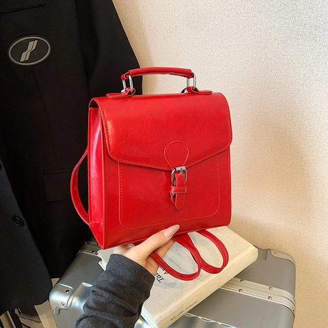 Vintage Women PU Leather Small Square Backpack Fashion Commute Handbag With Bell Pendant Preppy Style School Bag