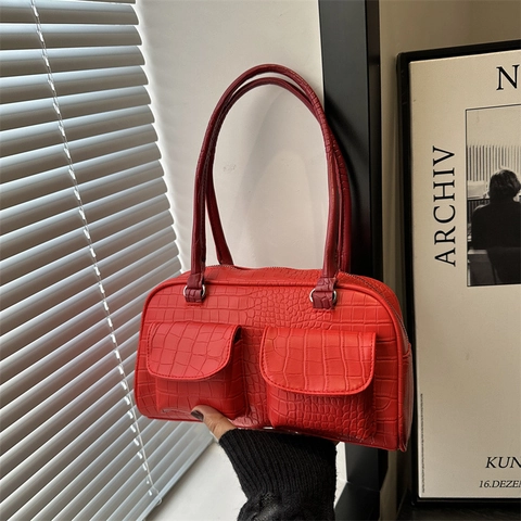 Vintage PU Leather Crocodile Embossed Shoulder Bag For Women Minimalist Underarm Bag With Double Front Pockets Casual Tote