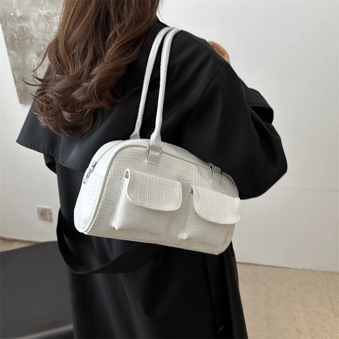 Vintage PU Leather Crocodile Embossed Shoulder Bag For Women Minimalist Underarm Bag With Double Front Pockets Casual Tote