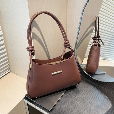 Minimalist PU Leather Underarm Bag For Women Elegant Commuter Solid Color Shoulder Bag With Knot Handle And Gold Hardware