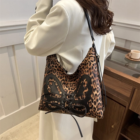 Retro Leopardenmuster Hobo Schultertasche Für Damen Große Kapazität PU Leder Tragetasche Mit Schleifenknoten Schnürung Mode Handtasche