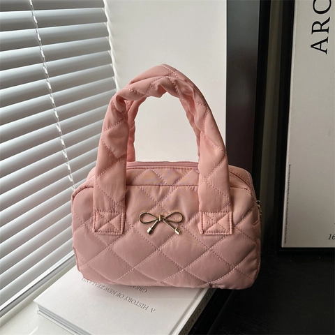 Sac à Main en Coton Matelassé Avec Décoration de Nœud Grande Capacité Sac à Épaule Pour Femmes Sac Fourre-tout de Mode Décontractée