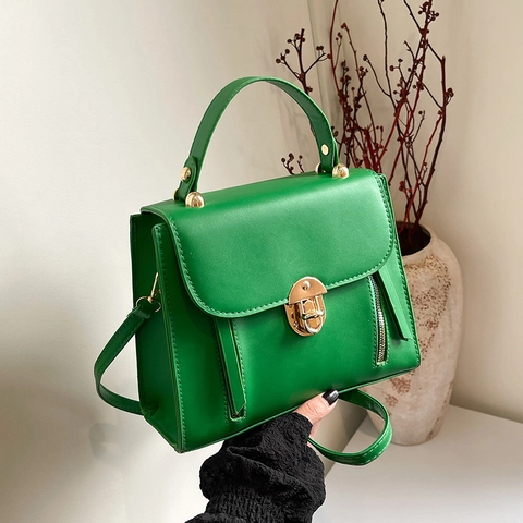 Elegante Borsa a Tracolla da Donna in Pelle PU Tinta Unita Borsa a Mano Quadrata Con Fibbia a Lucchetto d'Oro Borsa Casual