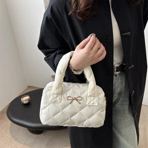 Sac à Main en Coton Matelassé Avec Décoration de Nœud Grande Capacité Sac à Épaule Pour Femmes Sac Fourre-tout de Mode Décontractée