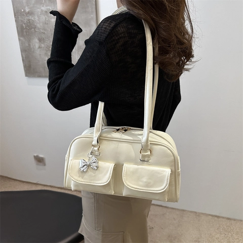 Glossy PU Women Underarm Bag With Double Pockets Bow Charm Urban Minimalist Shoulder Bag Retro Solid Color Commuting Handbag