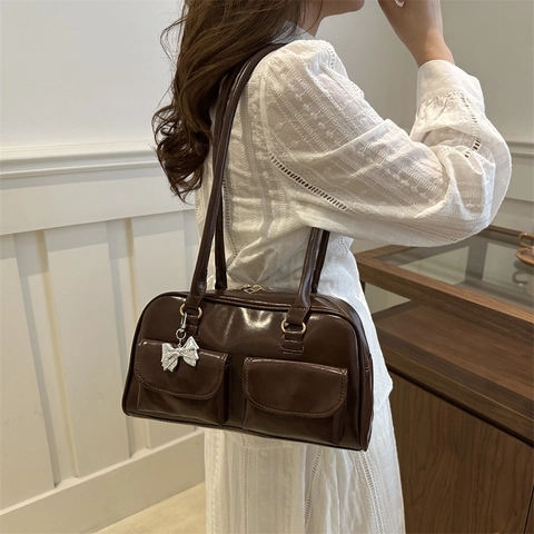 Women Vintage PU Leather Shoulder Bag Double Front Pockets Silver Bow Charm Underarm Bag Korean Fashion Solid Color Handbag