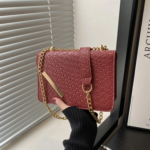 Women Woven Texture PU Leather Chain Shoulder Bag Vintage Small Square Crossbody Bag With Metal Bar Magnetic Snap