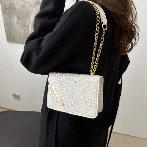 Women Woven Texture PU Leather Chain Shoulder Bag Vintage Small Square Crossbody Bag With Metal Bar Magnetic Snap
