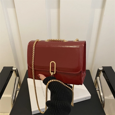 Women PU Patent Leather Small Square Bag Metal Chain Lock French Trendy Crossbody Shoulder Bag For Daily Fashion Accessory