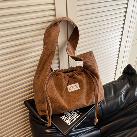 Women's Casual Nylon Tote Bag Large Capacity Drawstring Shoulder Bag Versatile Commuting Hobo Handbag Solid Color Stylish Stitching Design