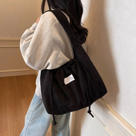 Women's Casual Nylon Tote Bag Large Capacity Drawstring Shoulder Bag Versatile Commuting Hobo Handbag Solid Color Stylish Stitching Design