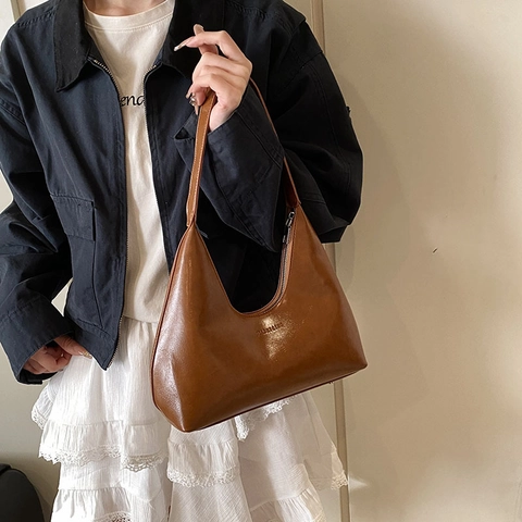 Bolso de Hombro de Cuero PU para Mujer Bolso Hobo Minimalista de Color Sólido con Puntadas Bolso de Mano Versátil para Diario