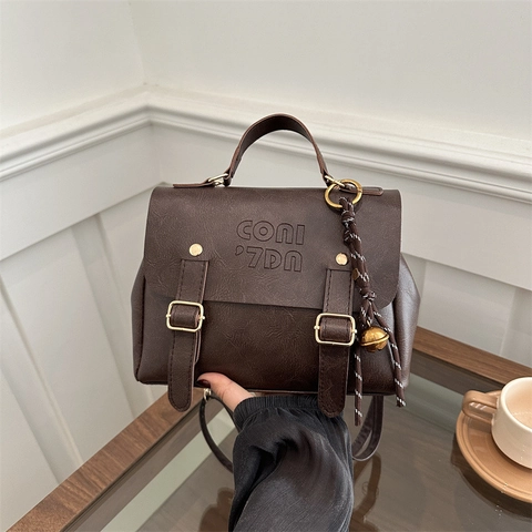 Vintage PU Leather Fashion Backpack For Women Solid Color Large Capacity Letter Embossed Handbag Retro Travel School Shoulder Bag