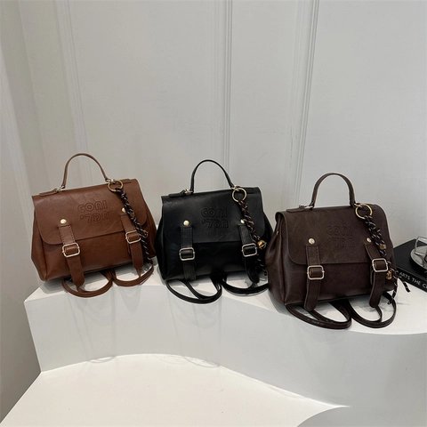 Zaino in Pelle PU Retro per Donna Moda Street Trend Cuciture Dettaglio Piccola Borsa a Mano Pendolare Borsa a Tracolla Marrone Nero