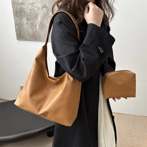 Ensemble de Sacs Fourre-Tout en Cuir PU Vintage pour Femmes Grande Capacité Rétro Hobo Sac à Bandoulière Pour Bureau Quotidien