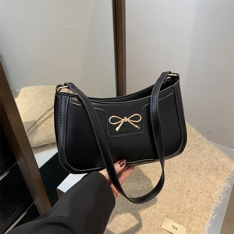 Bolso de Axila de Moda para Mujer de Cuero PU con Lazo Minimalista Color Sólido Bolso de Hombro Versátil Bolso Cuadrado Casual