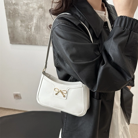 Bolso de Axila de Moda para Mujer de Cuero PU con Lazo Minimalista Color Sólido Bolso de Hombro Versátil Bolso Cuadrado Casual