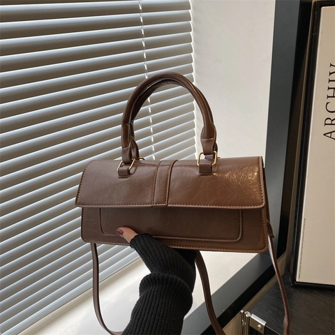 Bolso Baguette Retro de Cuero PU para Mujer Gran Capacidad Color Sólido Bolso de Hombro Cruzado Correa Ajustable Primavera