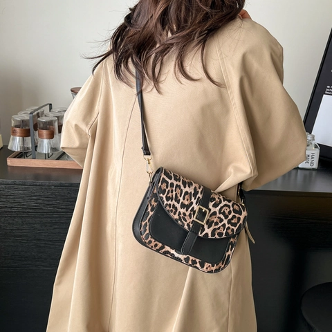 Bolso de Hombro de Patchwork con Estampado de Leopardo Vintage para Mujer Cuero PU Moda Gran Capacidad Bolso de Axila Cruzado