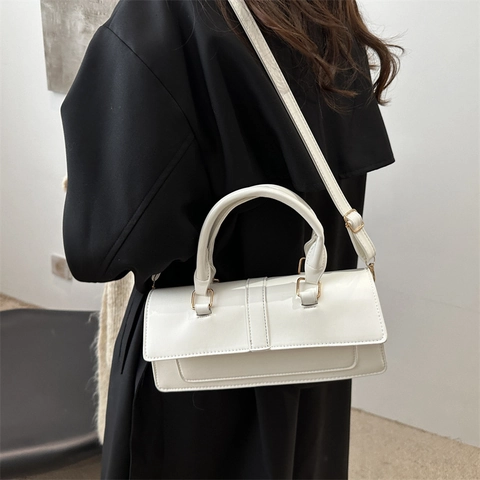 Borsa Baguette da Donna in Pelle PU Vintage Lucida di Grande Capacità Borsa a Tracolla Semplice a Tinta Unita per Uso Quotidiano