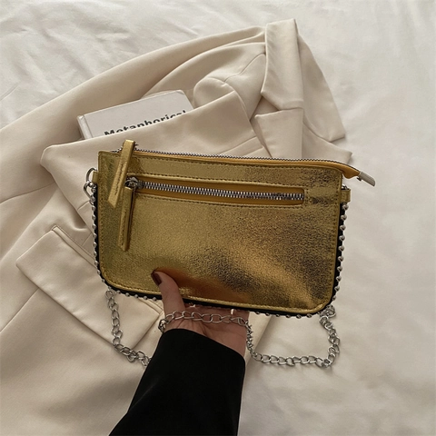 Women PU Leather Leopard Metallic Shoulder Bag Rivets Chain Strap Fashion Zip Crossbody Underarm Handbag Evening Bag