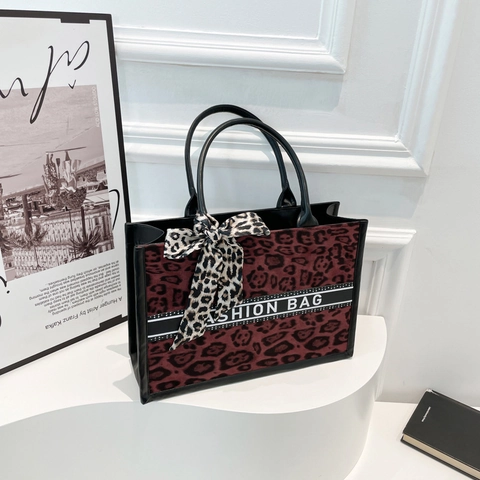 Dames Luipaardprint Tote Bag PU Leer Grote Capaciteit Schoudertas Met Zijden Sjaal Strik Urban Mode Minimalistische Handtas